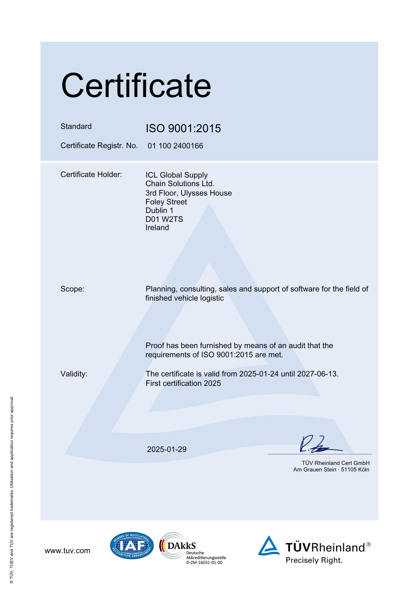 ICL Global Supply Chain Solutions Ltd. ISO 9001:2015 Certificate